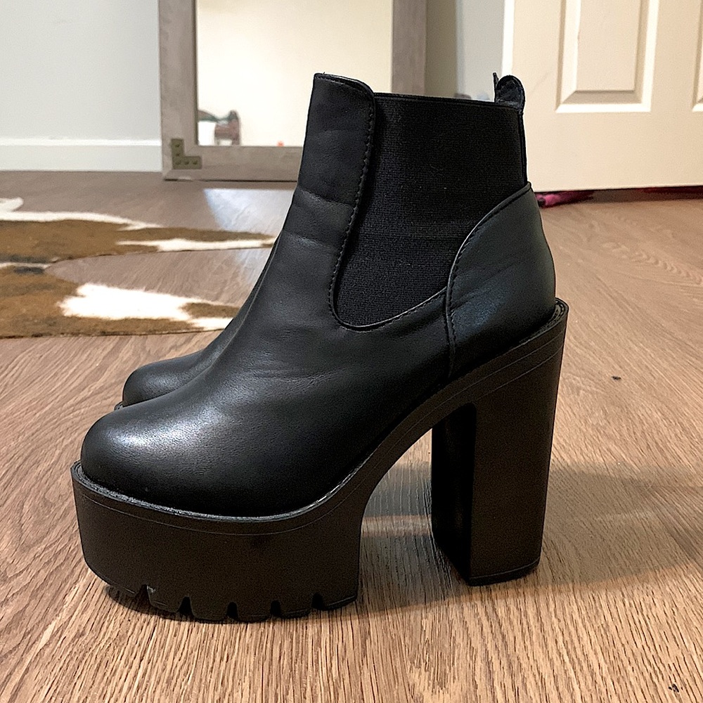 Chunky black heel booties leather